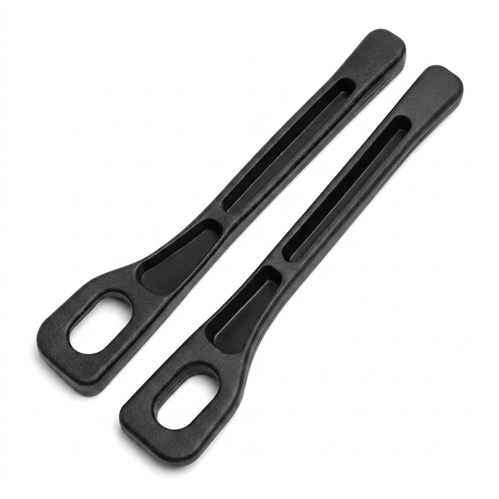 Three-quarter view of two black plastic car seat gap fillers for 2016-2026 Honda Civic