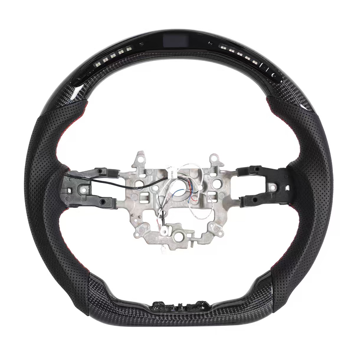Carbon fiber steering wheel with perforated leather grip and red pinstripe detail. (2)