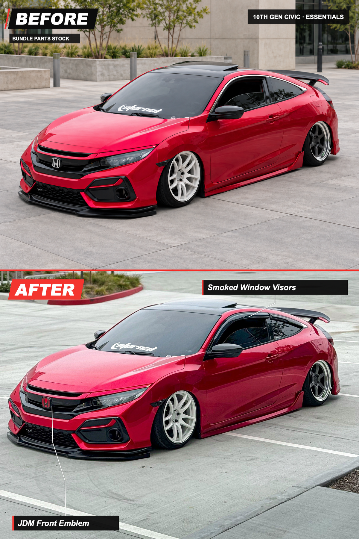10th Gen Civic Essentials bundle before-and-after: Smoked Window Visors, JDM Front Emblem. AI-edited before view and original installed photo.