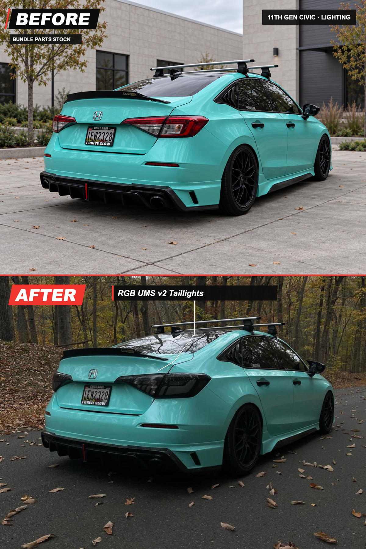 11th Gen Civic Lighting bundle before-and-after: RGB UMS v2 Taillights. AI-edited before view and original installed photo.