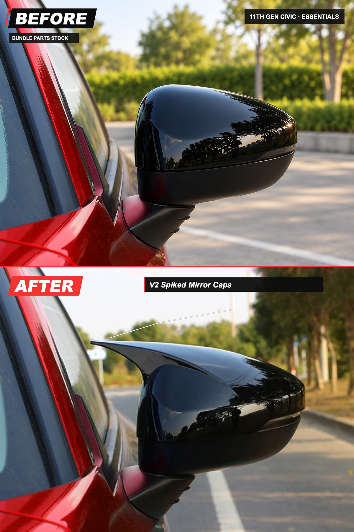 11th Gen Civic Essentials bundle before-and-after: V2 Spiked Mirror Caps. AI-edited before view and original installed photo.