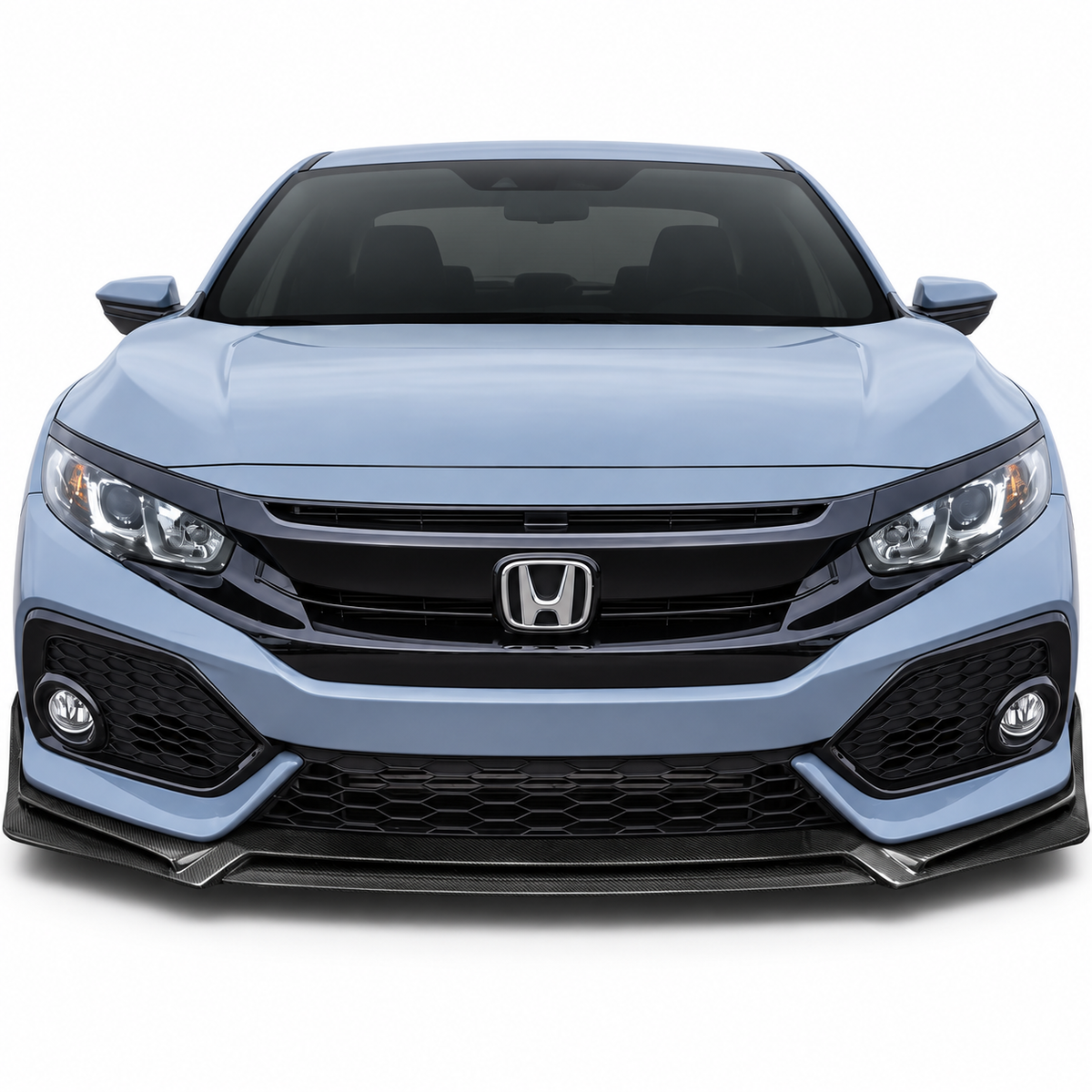 Carbon fiber front lip spoiler mounted on 2017-2021 Honda Civic hatchback