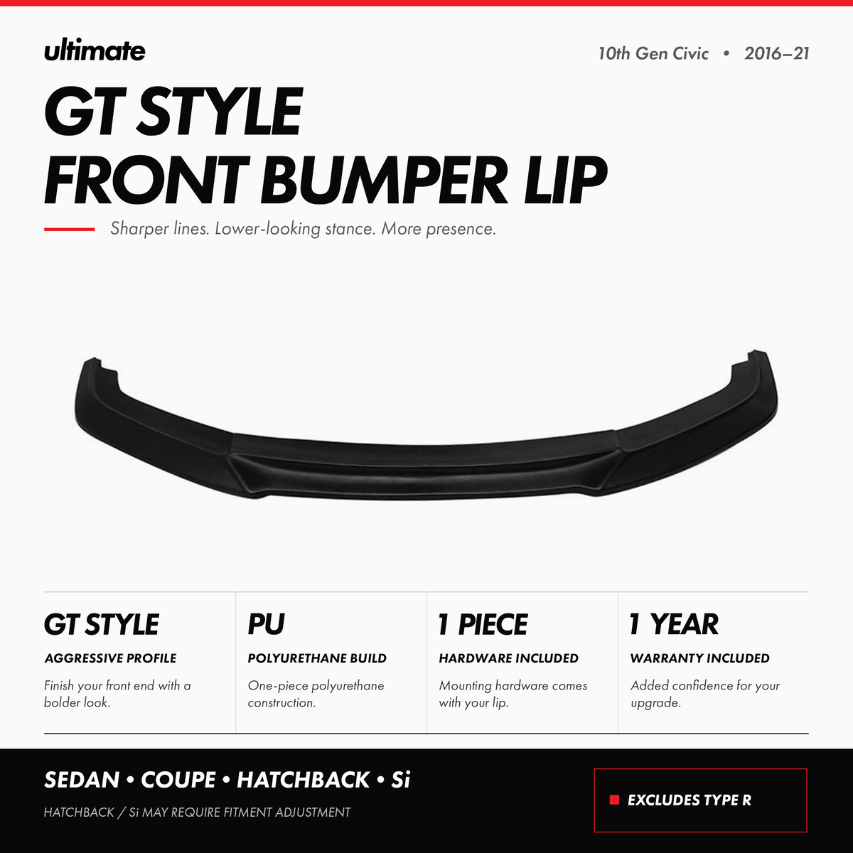 Black polyurethane GT style front bumper lip installed on 2016-2021 Honda Civic (1)