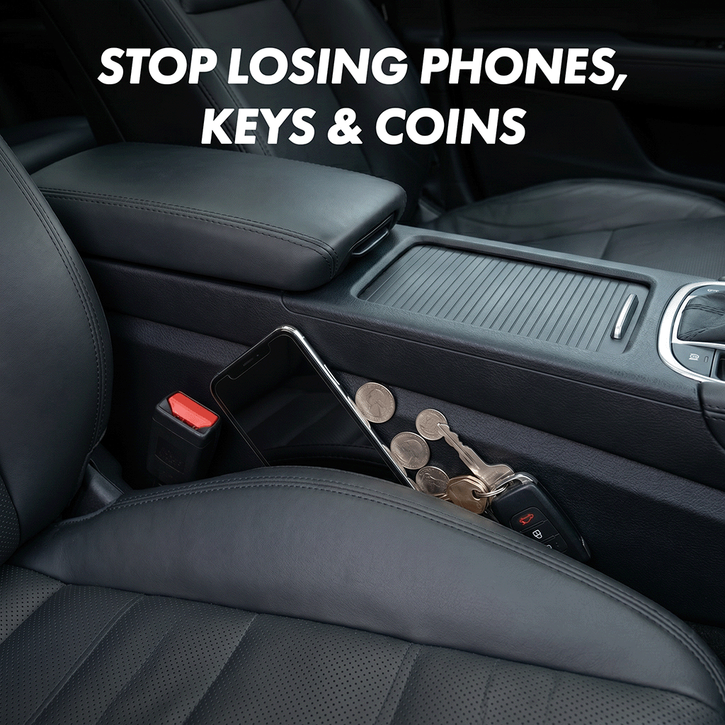 Lifestyle interior view of black car seat gap filler with phone, keys, and coins between seats for 2016-2026 Honda Civic