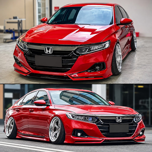 Akasaka V2 three-piece front bumper lip kit with San Marino Red side splitters and black center panel (1)