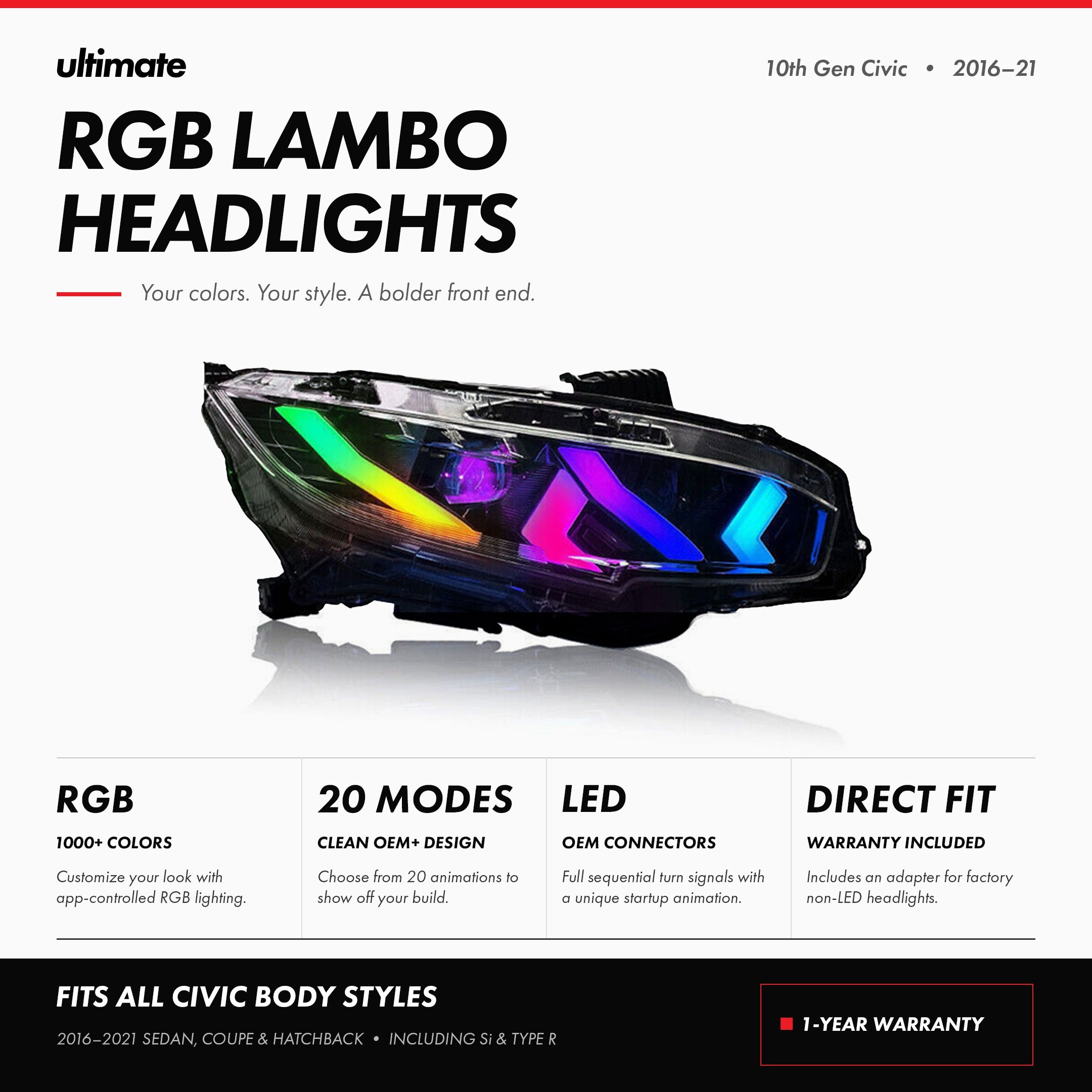 RGB Lambo Sequential Headlights [for 2016-2021 Honda Civic