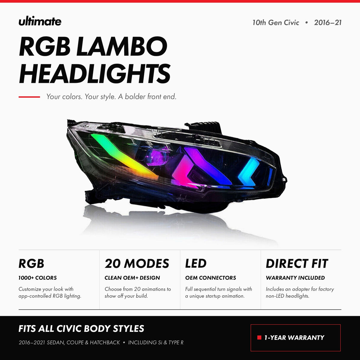 RGB sequential headlights with Lambo-style design installed on 2016-2021 Honda Civic (2)
