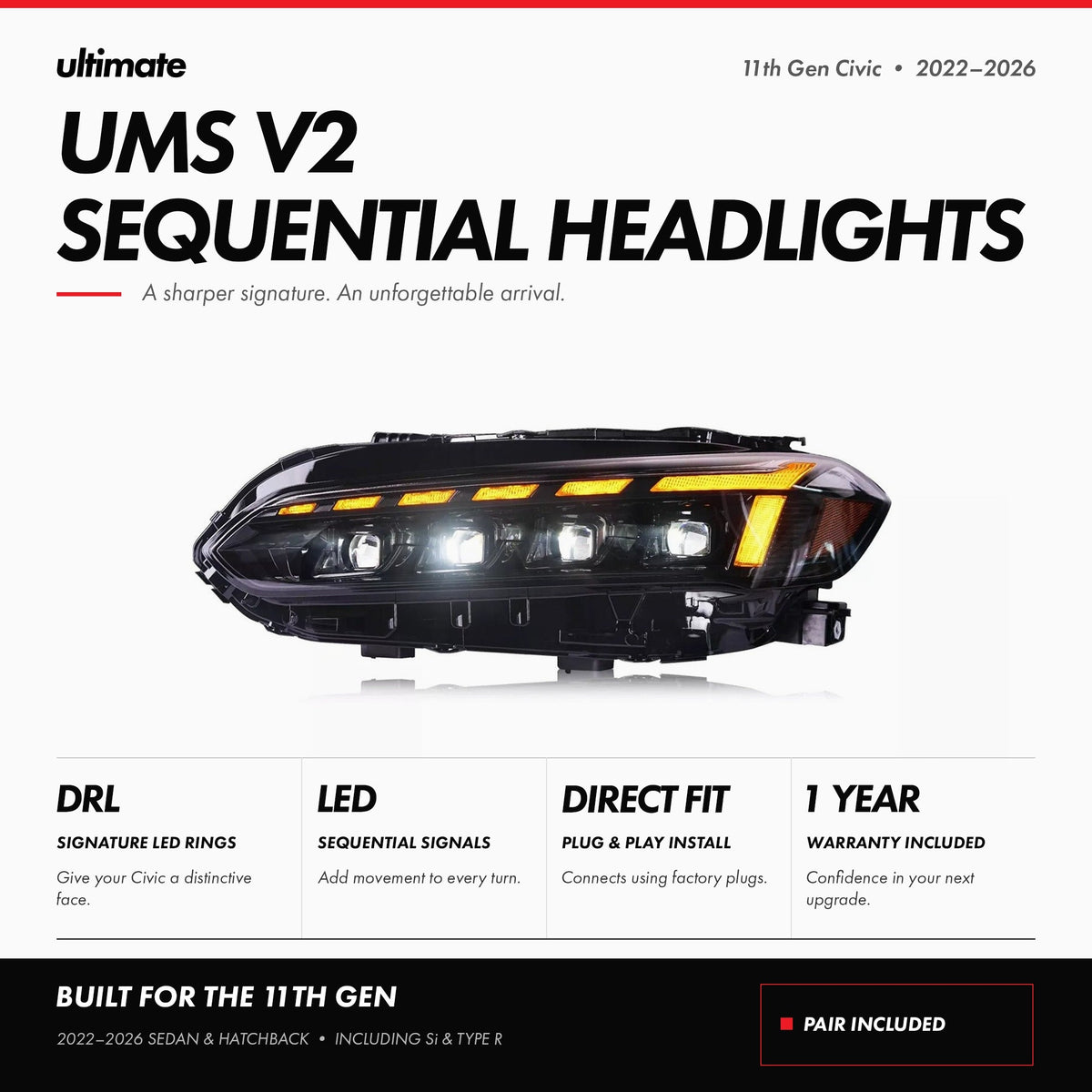 Sequential LED headlight assembly with DRL rings installed on Honda Civic (2)