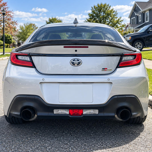 Black carbon fiber duckbill trunk spoiler mounted on white Toyota GR86 (1)