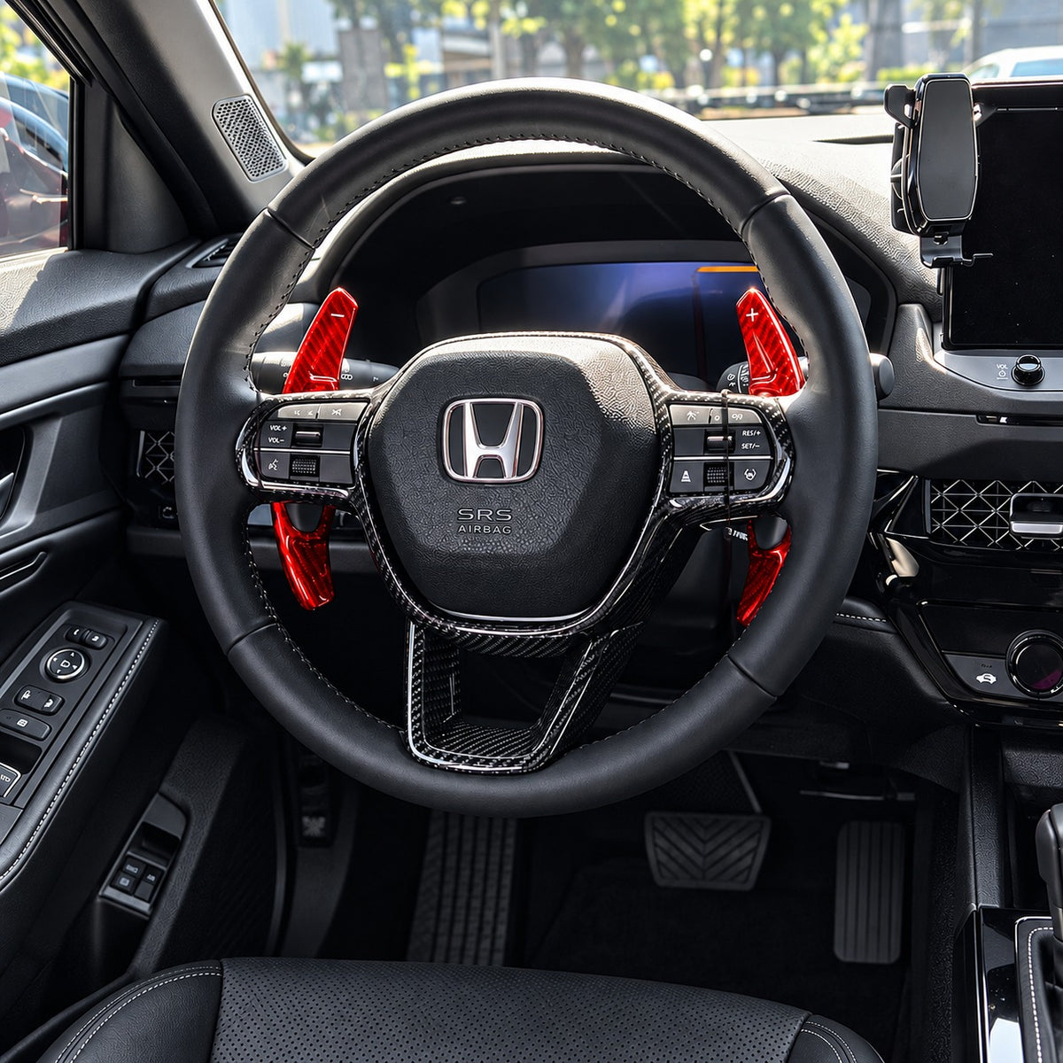 Red carbon fiber paddle shifter extensions mounted on Honda Accord steering wheel (1)