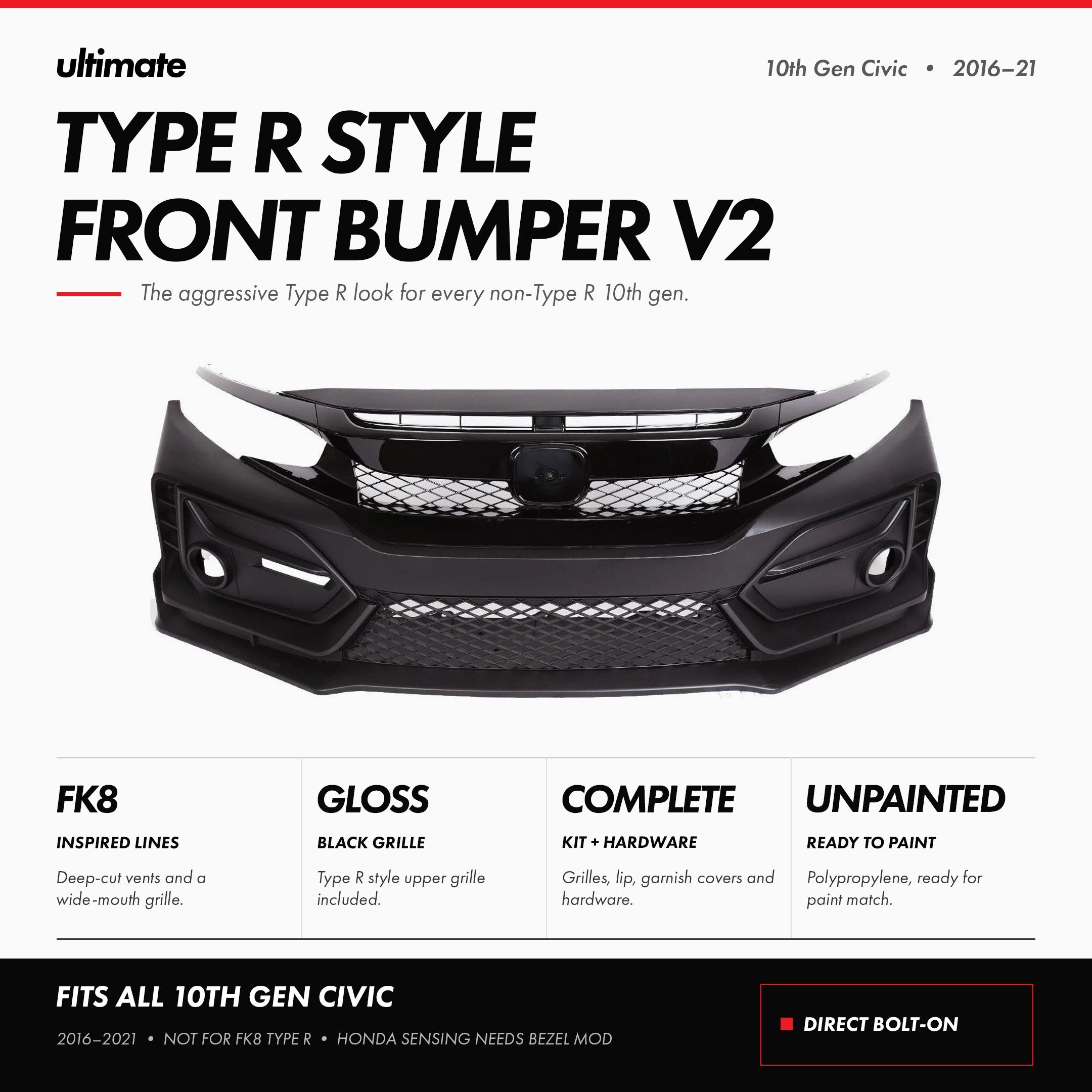 Type R Style Front Bumper V2 for 2016-2021 Honda Civic