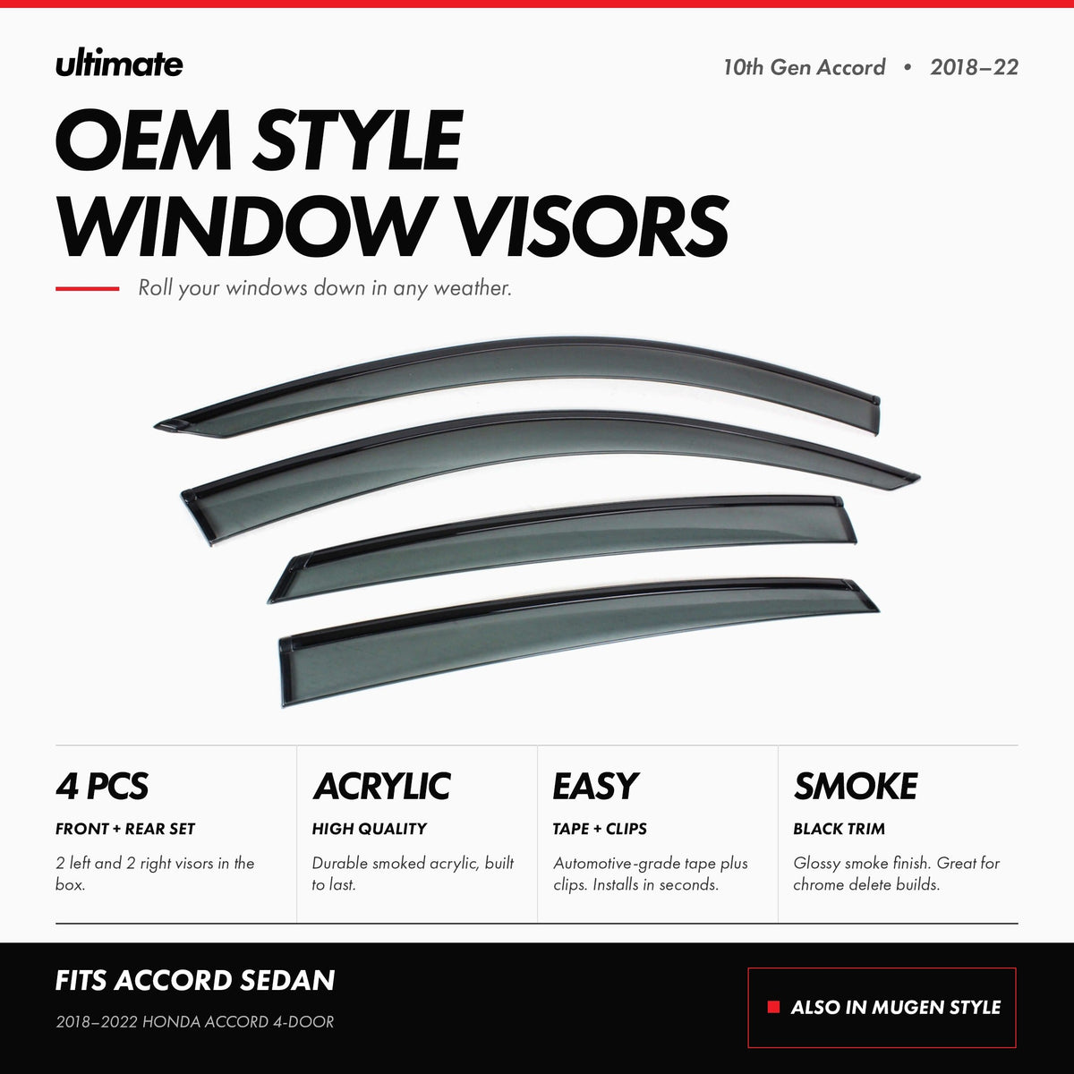 Smoked window visors installed on 2018-2022 Honda Accord sedan, front and rear sides (2)