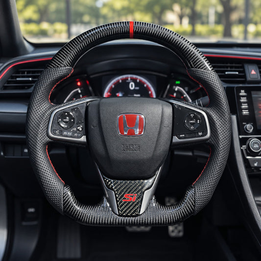 Carbon fiber steering wheel with perforated leather grips and red pinstripe detail (1)
