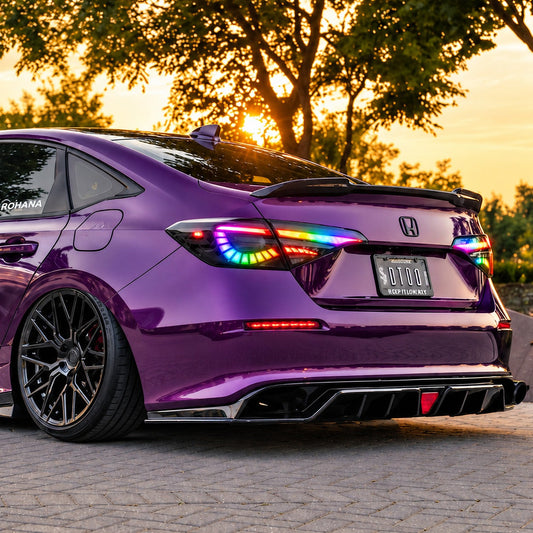 Pair of RGB sequential taillights with red and blue lighting effects installed on 2022–2026 Honda Civic Sedan (1)
