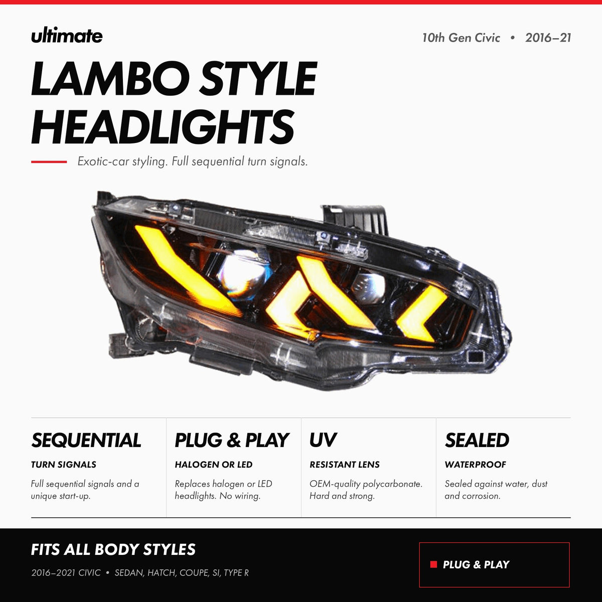 Pair of LED headlights with white daytime running lights and red demon eye detail (6)
