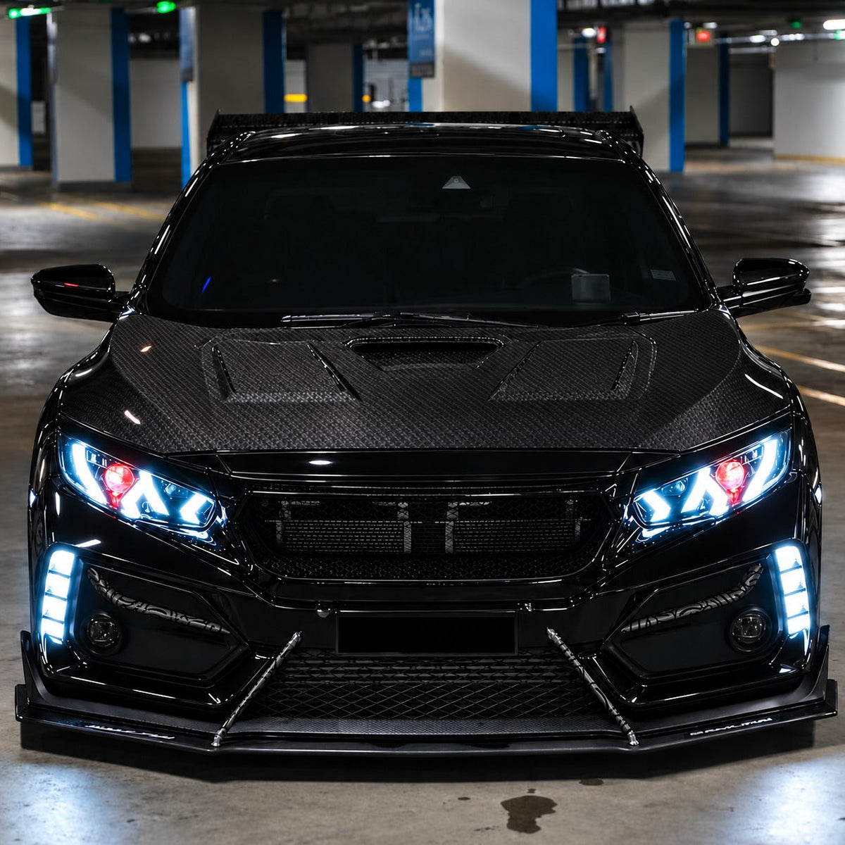 Pair of LED headlights with white daytime running lights and red demon eye detail (2)