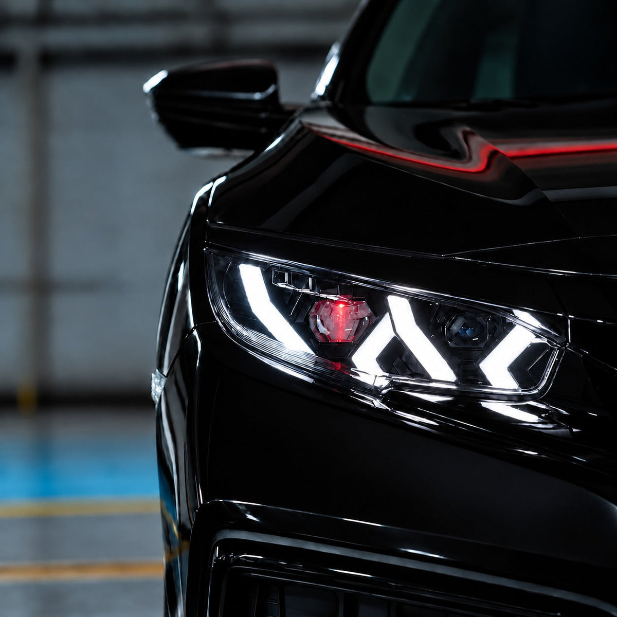 Pair of LED headlights with white daytime running lights and red demon eye detail (5)