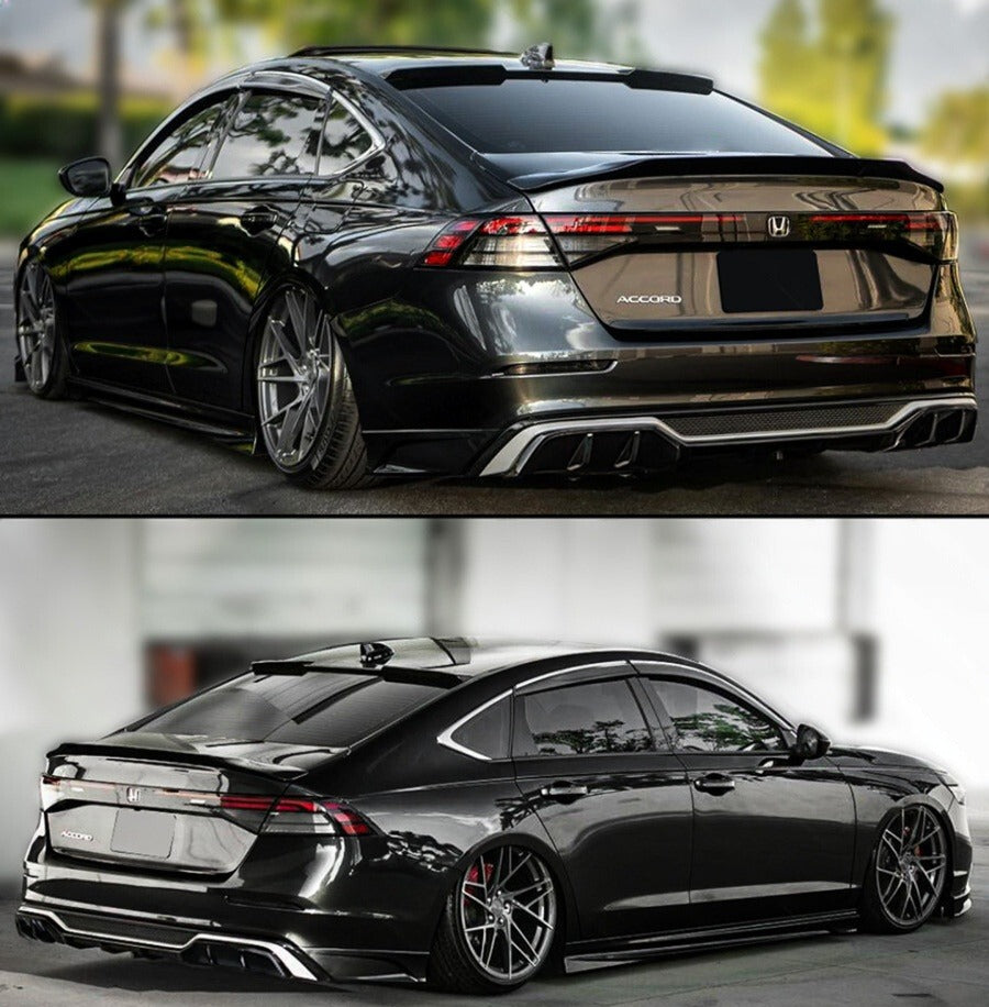 Gloss black rear bumper diffuser kit with silver trim and corner spats installed on Honda Accord (2)