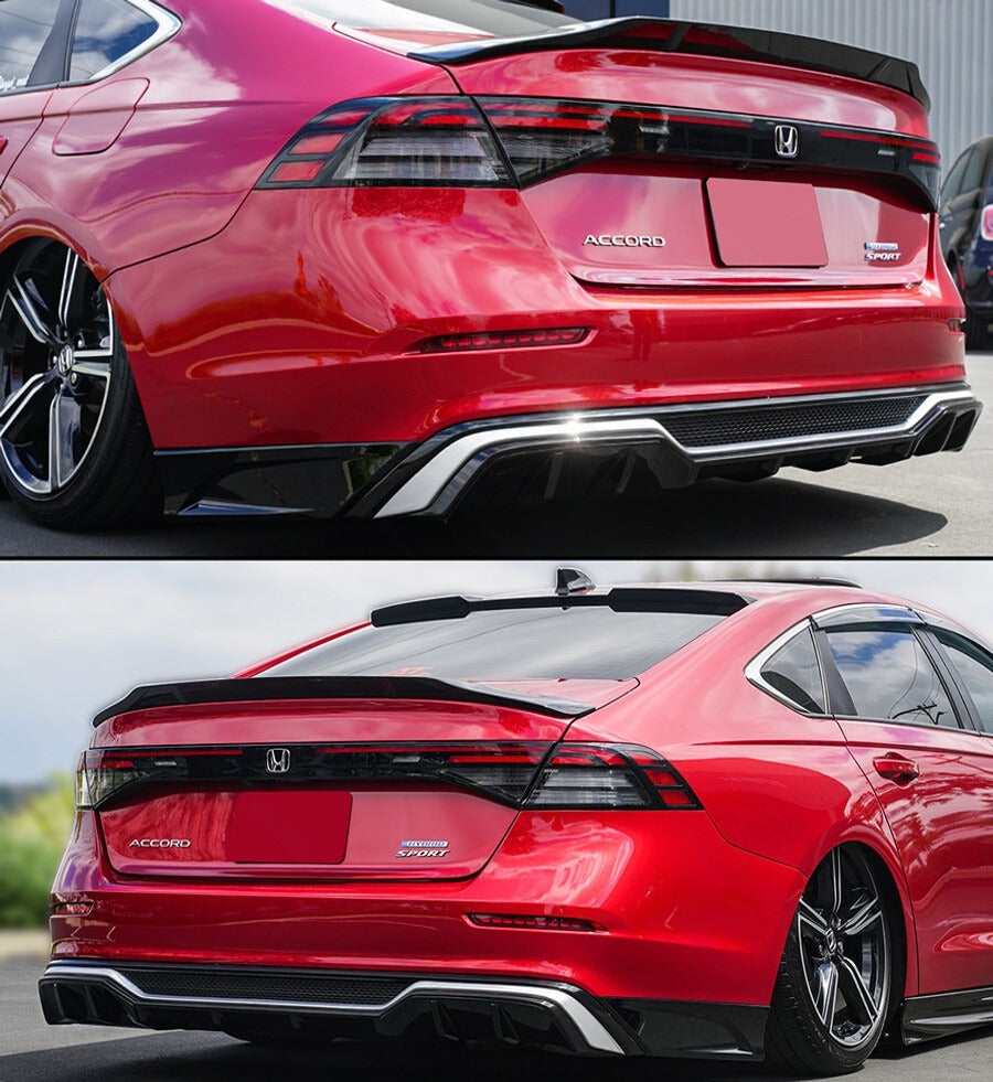 Gloss black rear bumper diffuser kit with silver trim and corner spats installed on Honda Accord (1)