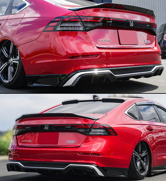 Gloss black rear bumper diffuser kit with silver trim and corner spats installed on Honda Accord (1)