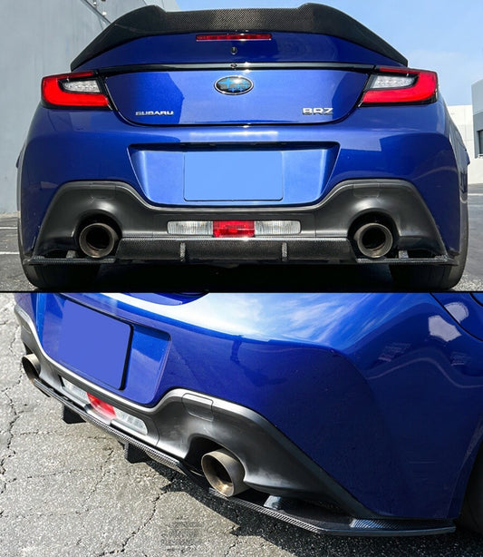 RS Style carbon fiber rear bumper diffuser with shark fins vortex design installed on Toyota GR86 (1)