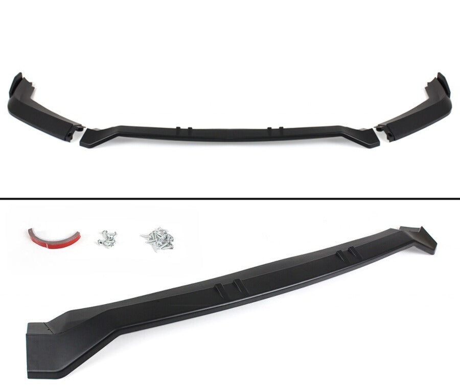 UMS V1 matte black 3-piece front lip splitter for 2019-2021 Honda Civic, exploded view with center bar, wings, and installation hardware