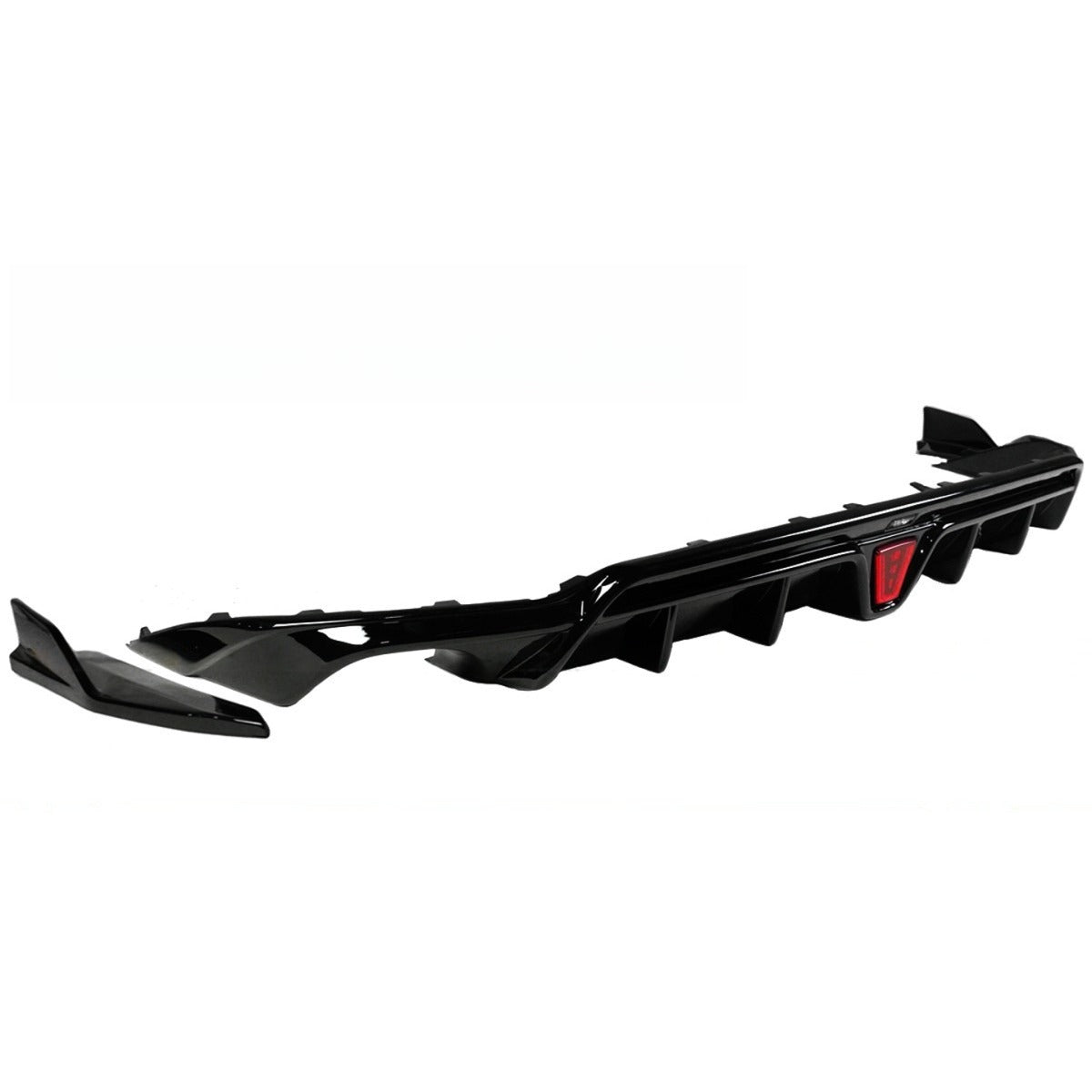 Gloss black LED rear diffuser with shark fin extensions installed on Acura Integra rear bumper (4)