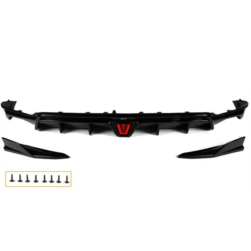 Gloss black LED rear diffuser with shark fin extensions installed on Acura Integra rear bumper (5)