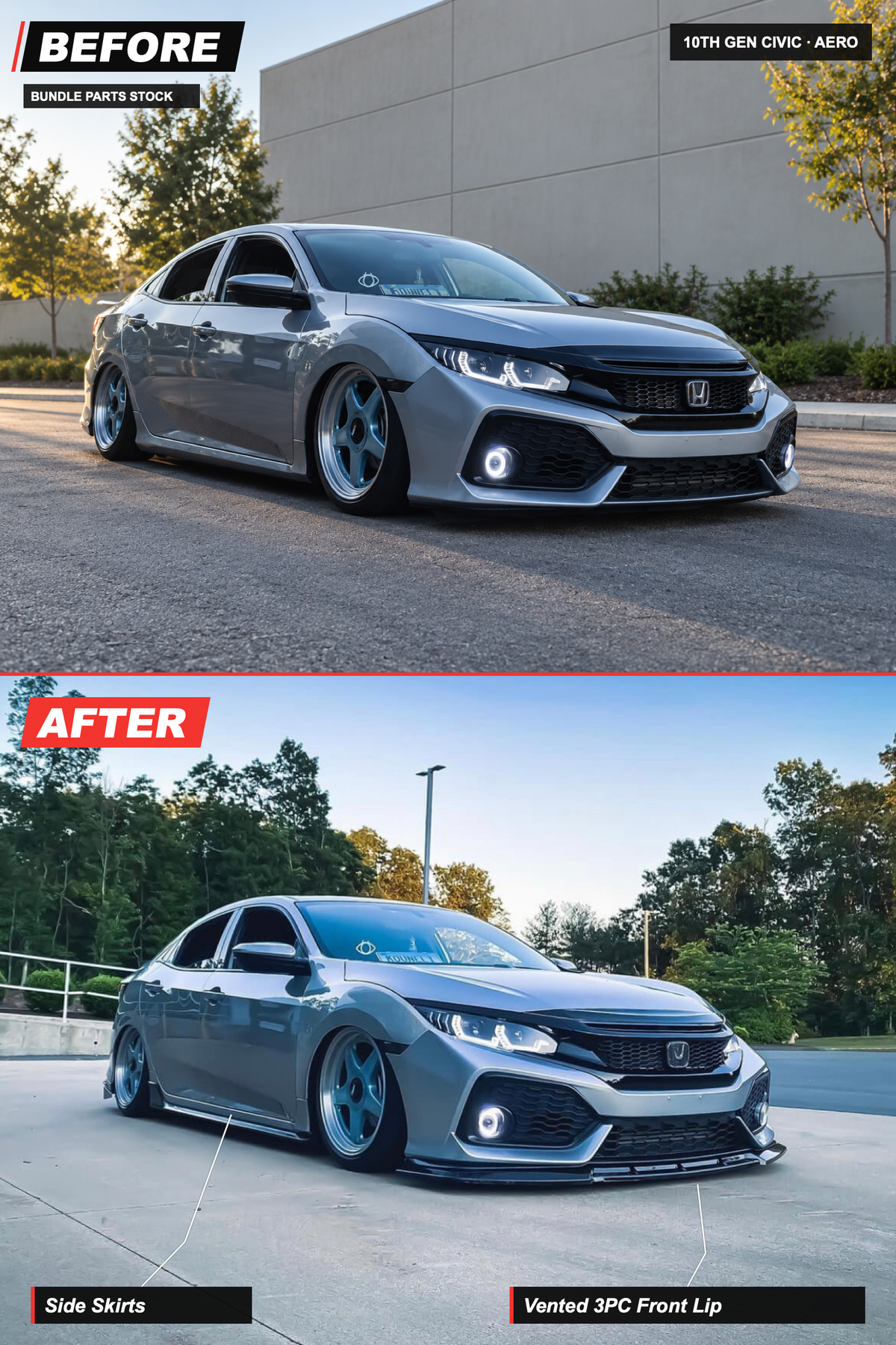 10th Gen Civic Aero bundle before-and-after: Vented 3PC Front Lip, Side Skirts. AI-edited before view and original installed photo.
