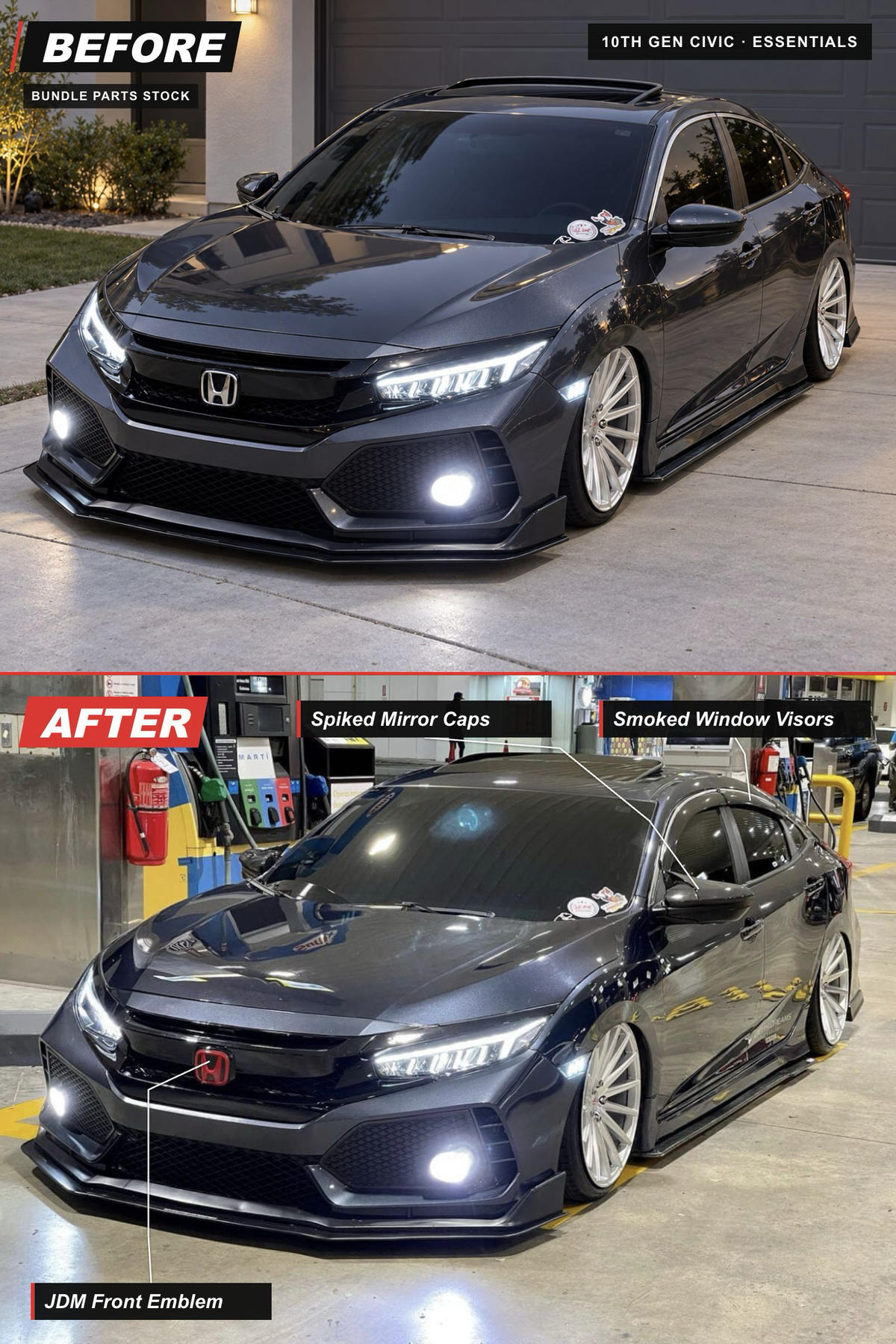 10th Gen Civic Essentials bundle before-and-after: Spiked Mirror Caps, Smoked Window Visors, JDM Front Emblem. AI-edited before view and original installed photo.