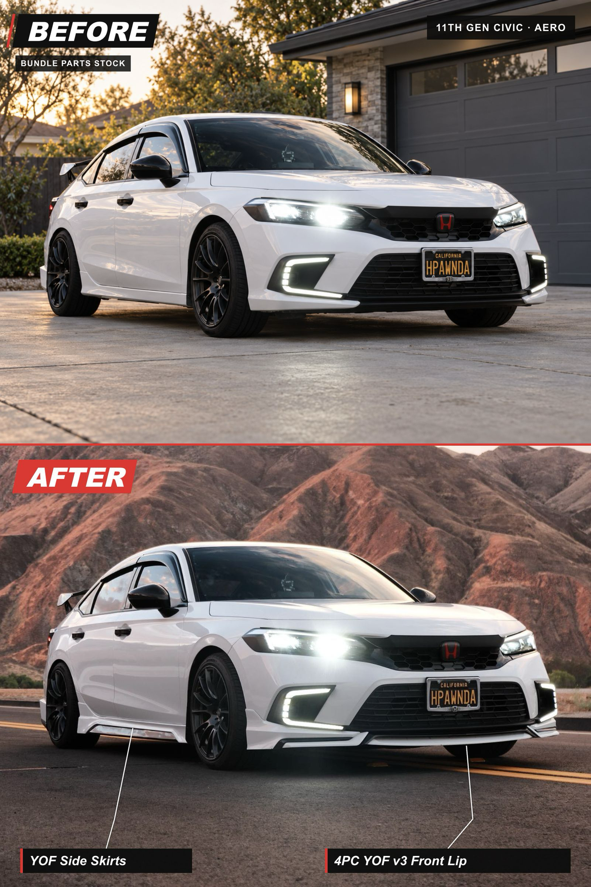 11th Gen Civic Aero bundle before-and-after: 4PC YOF v3 Front Lip, YOF Side Skirts. AI-edited before view and original installed photo.