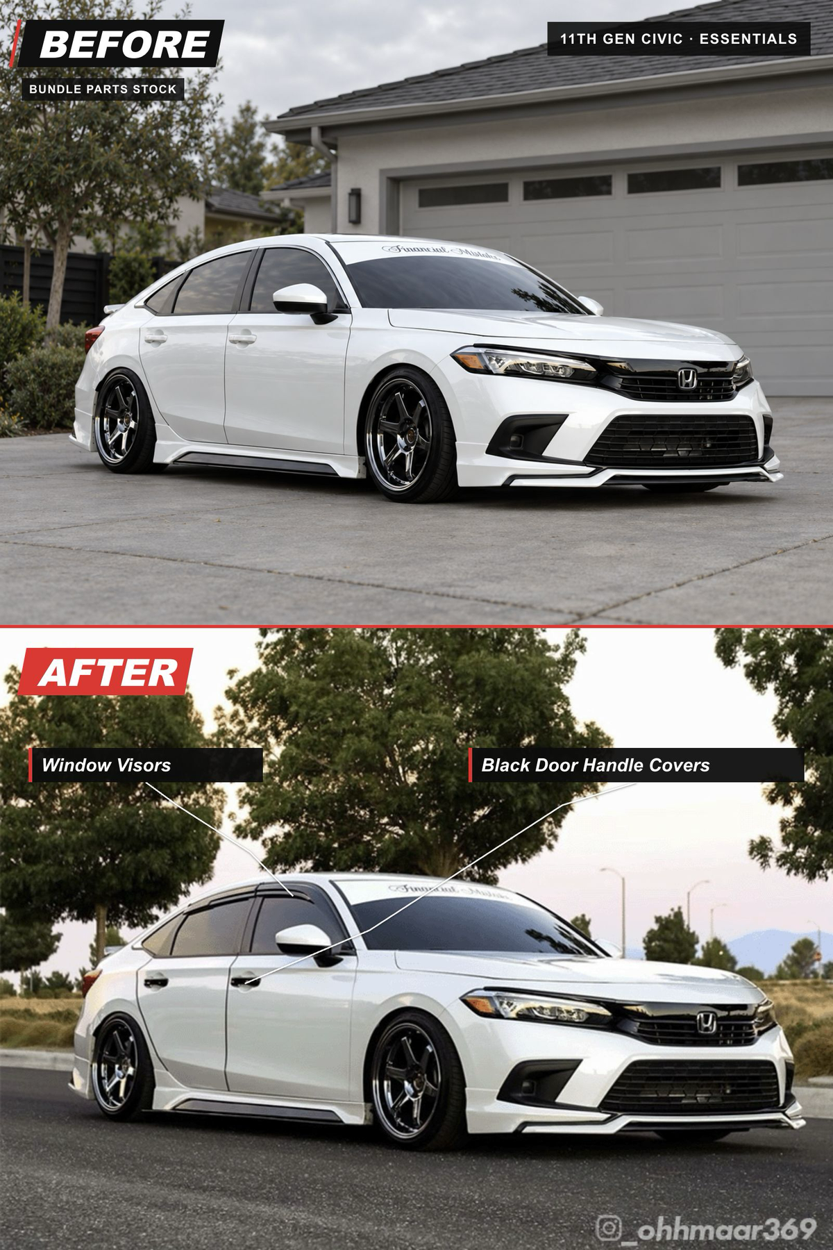 11th Gen Civic Essentials bundle before-and-after: Window Visors, Black Door Handle Covers. AI-edited before view and original installed photo.