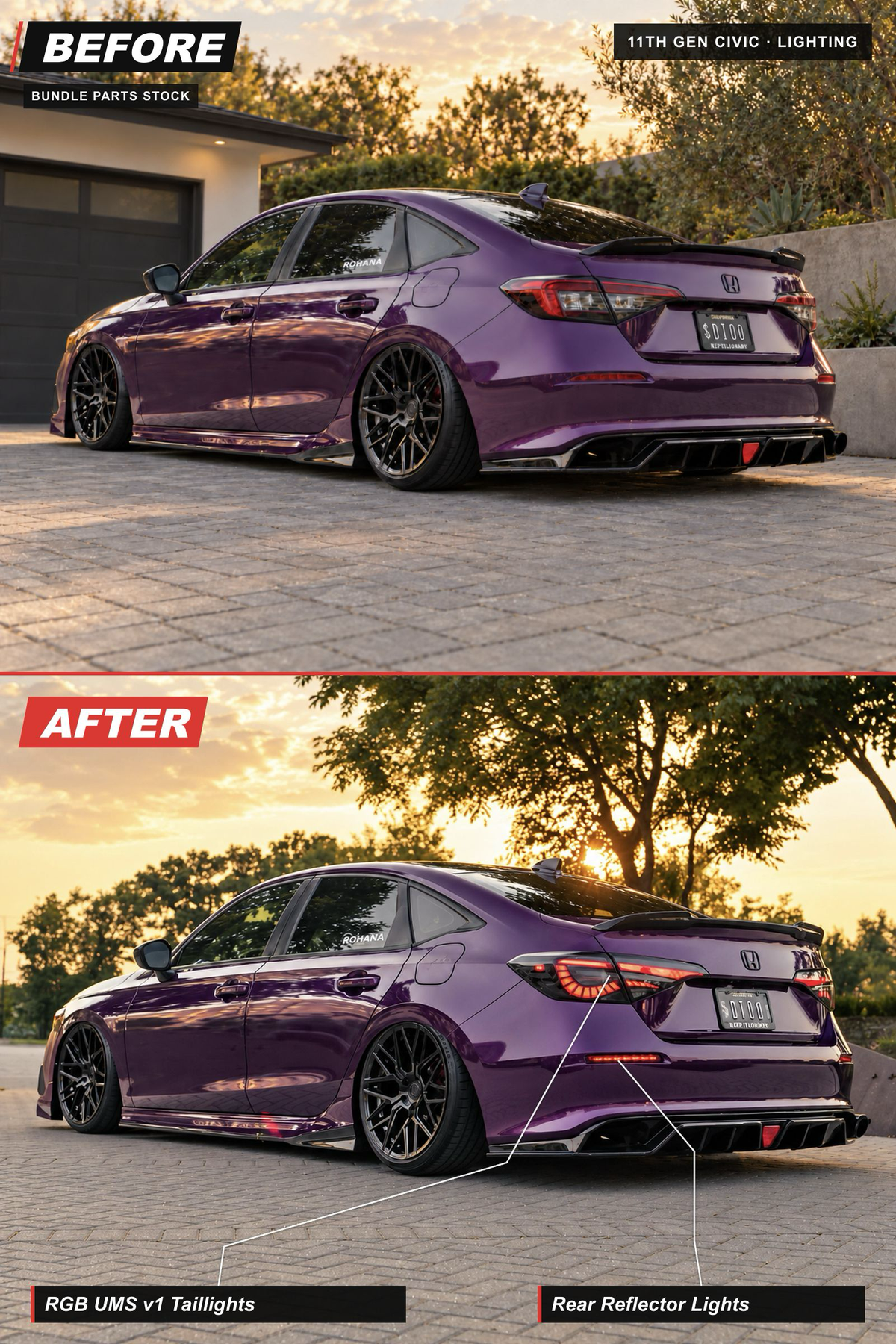 11th Gen Civic Lighting bundle before-and-after: RGB UMS v1 Taillights, Rear Reflector Lights. AI-edited before view and original installed photo.