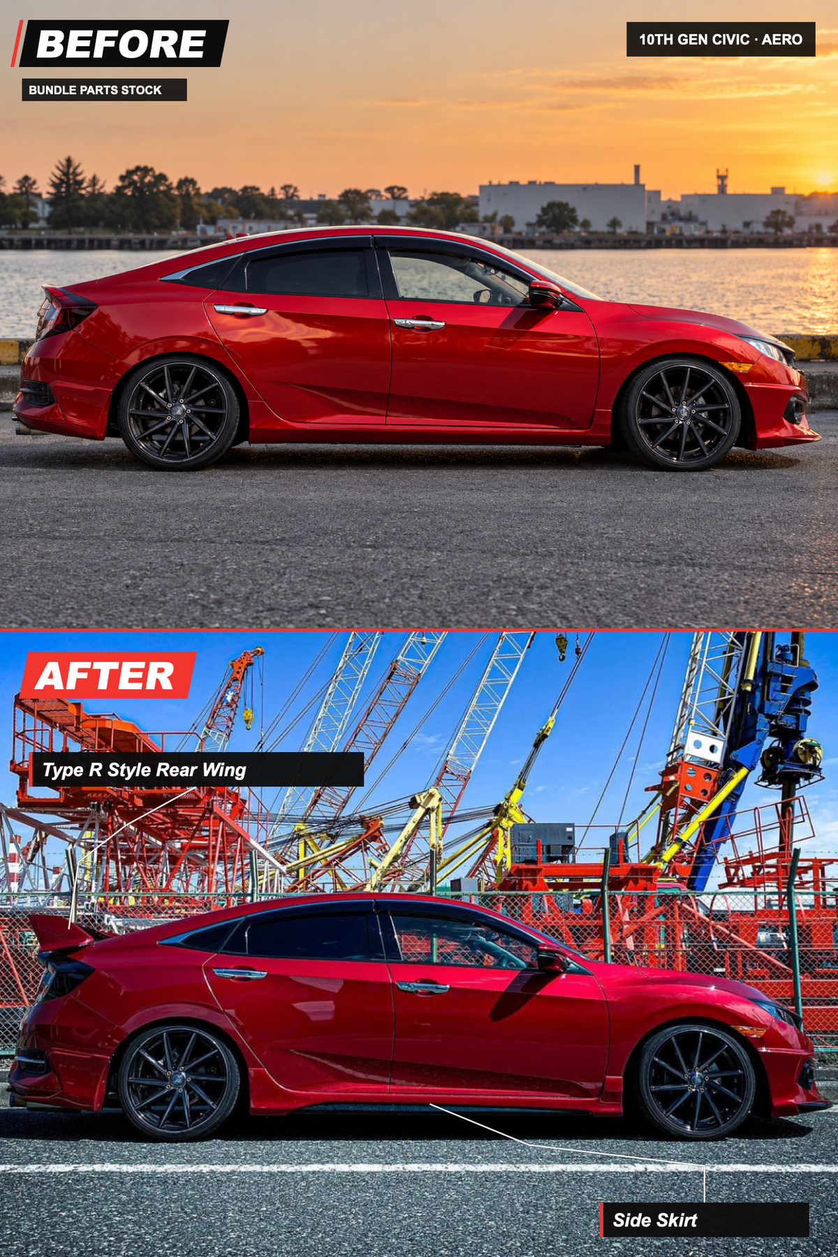 10th Gen Civic Aero bundle before-and-after: Type R Style Rear Wing, Side Skirt. AI-edited before view and original installed photo.