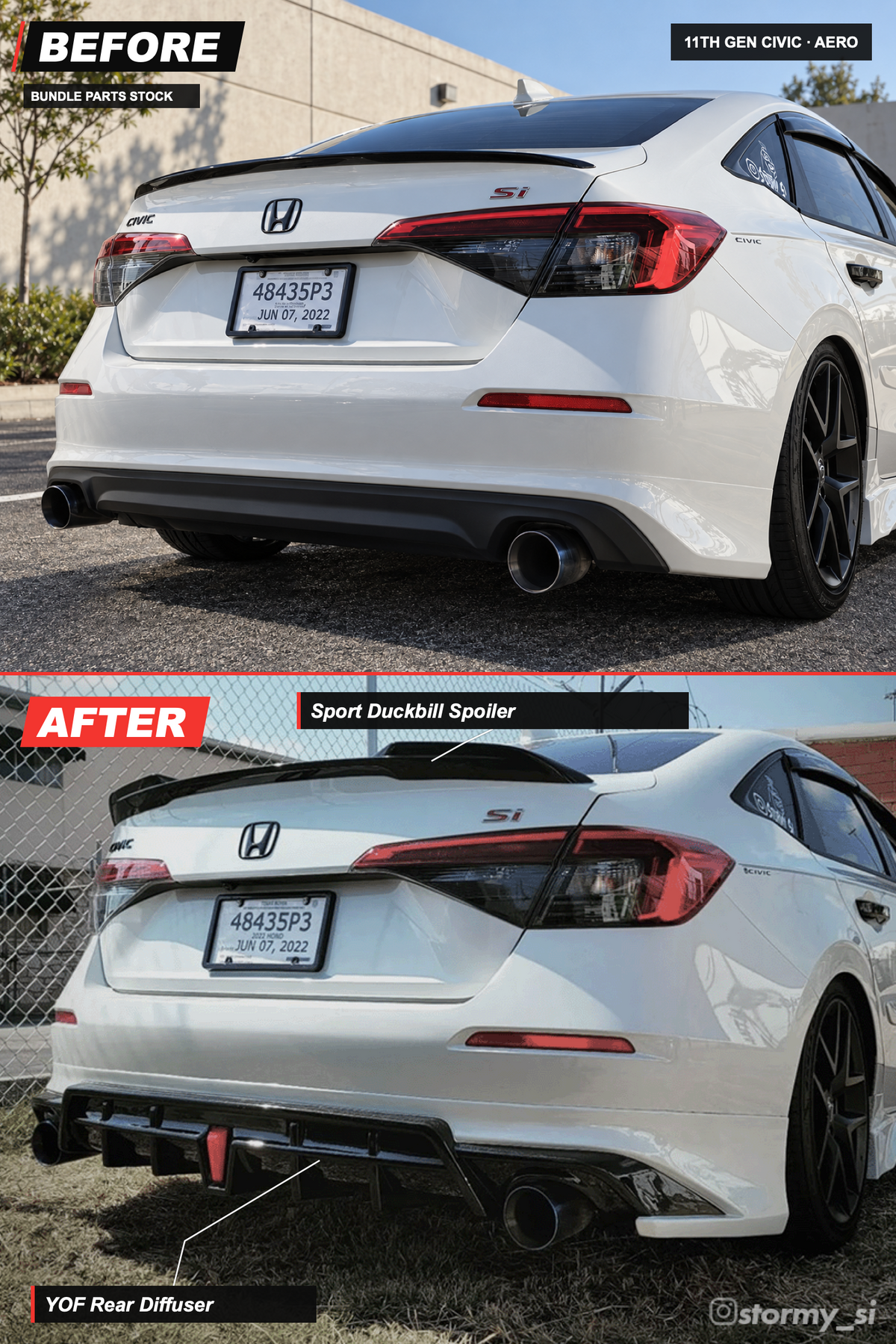 11th Gen Civic Aero bundle before-and-after: Sport Duckbill Spoiler, YOF Rear Diffuser. AI-edited before view and original installed photo.