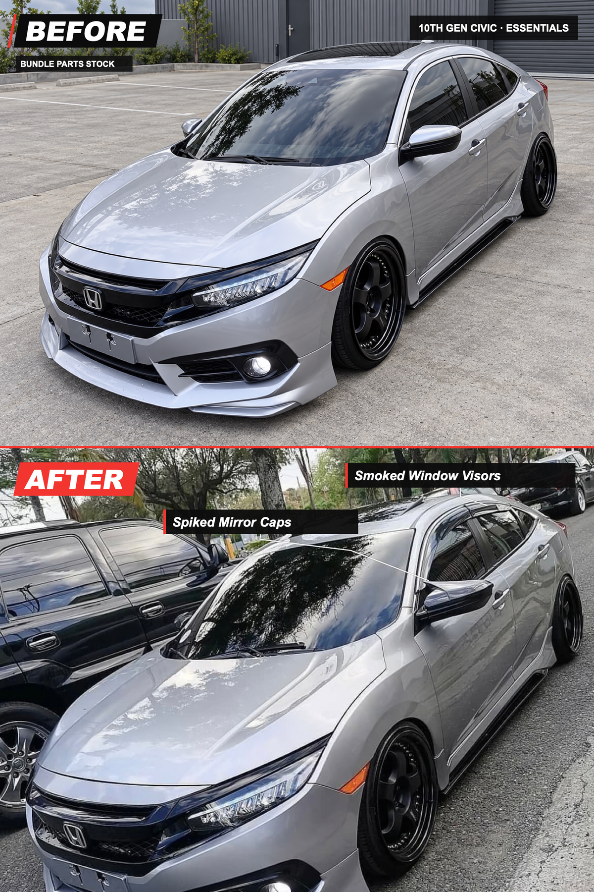 10th Gen Civic Essentials bundle before-and-after: Spiked Mirror Caps, Smoked Window Visors. AI-edited before view and original installed photo.
