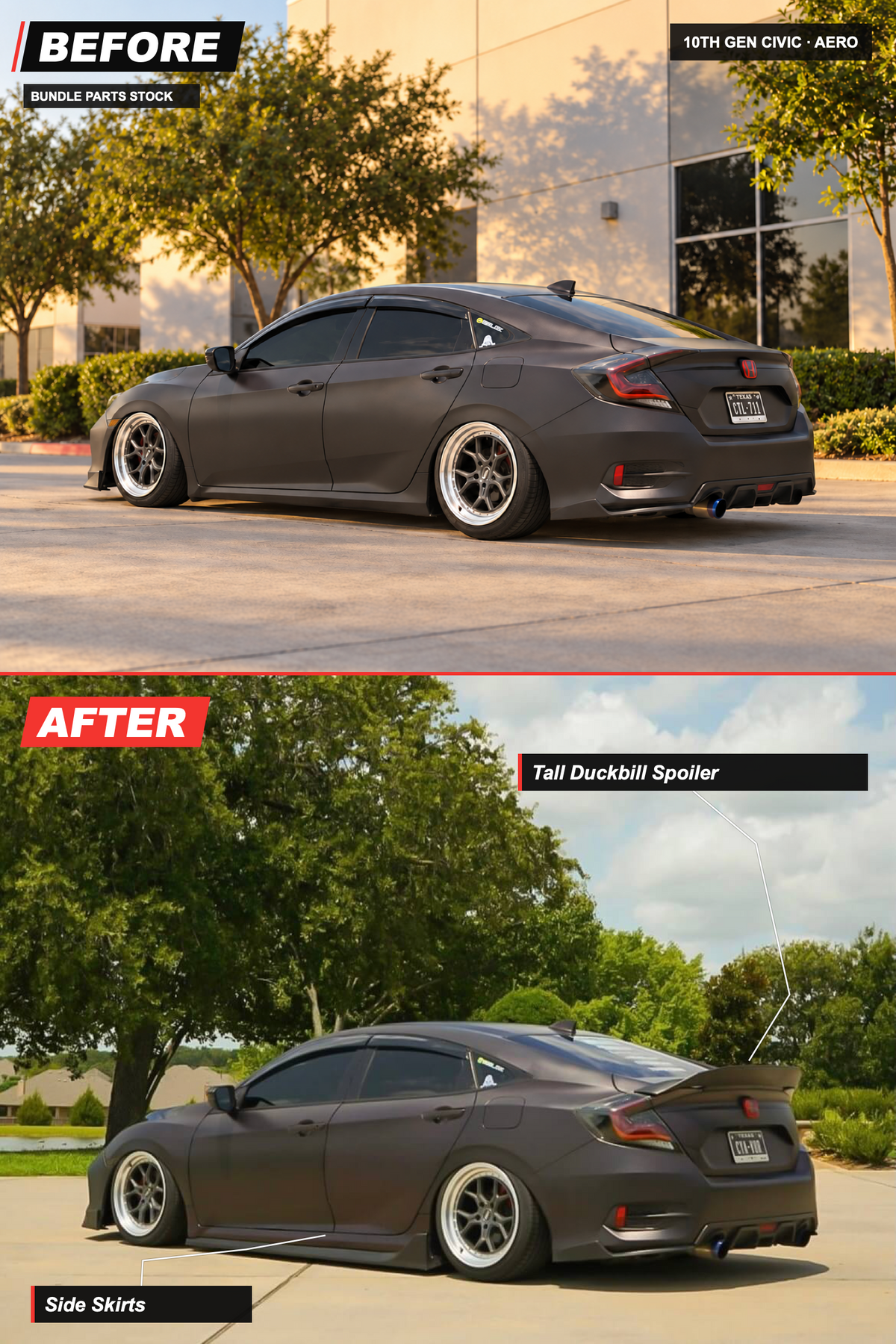 10th Gen Civic Aero bundle before-and-after: Side Skirts, Tall Duckbill Spoiler. AI-edited before view and original installed photo.