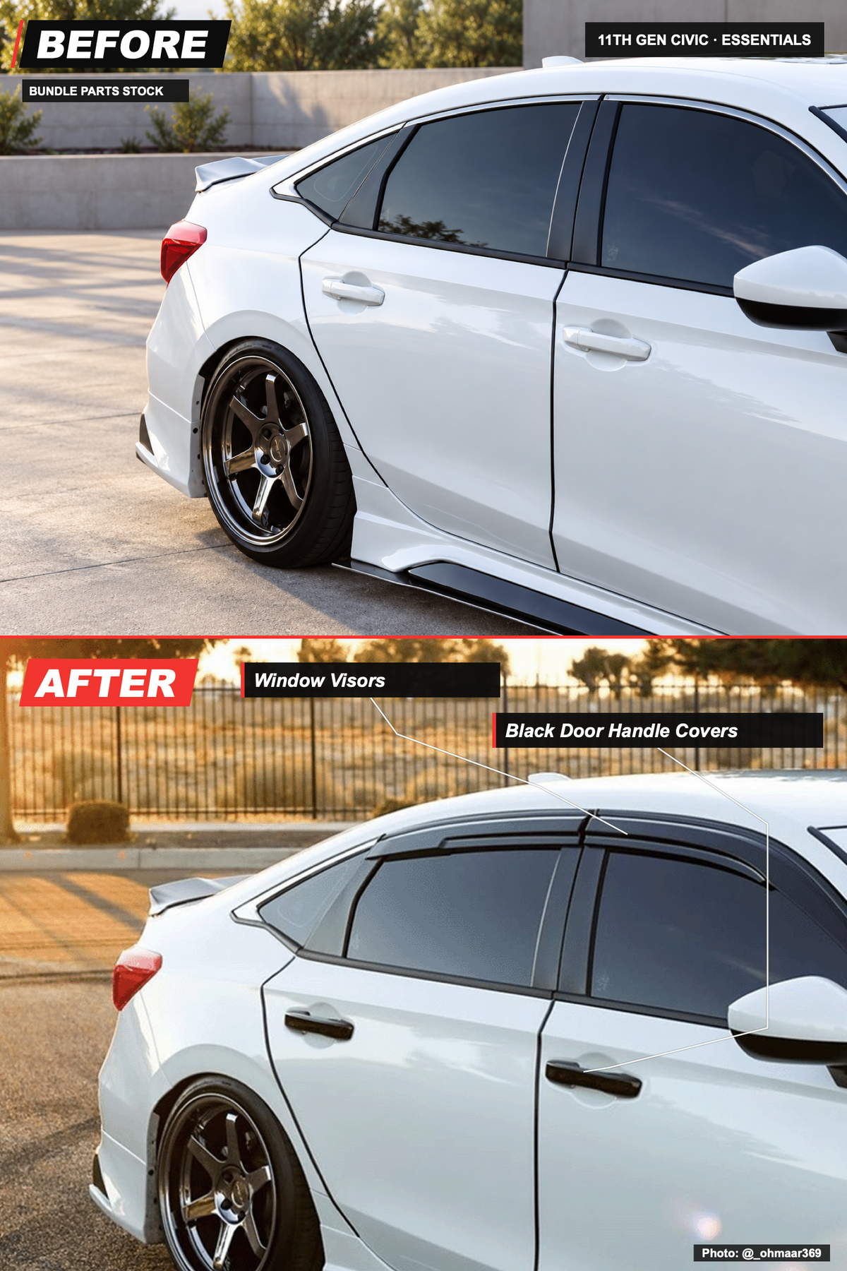11th Gen Civic Essentials bundle before-and-after: Window Visors, Black Door Handle Covers. AI-edited before view and original installed photo.