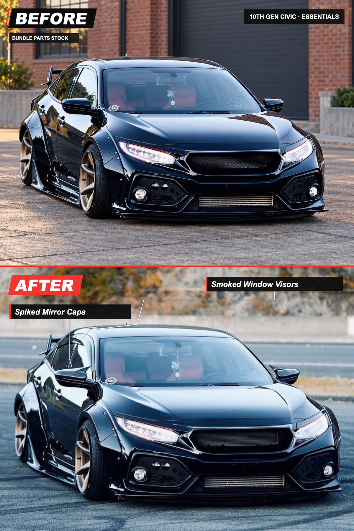 10th Gen Civic Essentials bundle before-and-after: Spiked Mirror Caps, Smoked Window Visors. AI-edited before view and original installed photo.