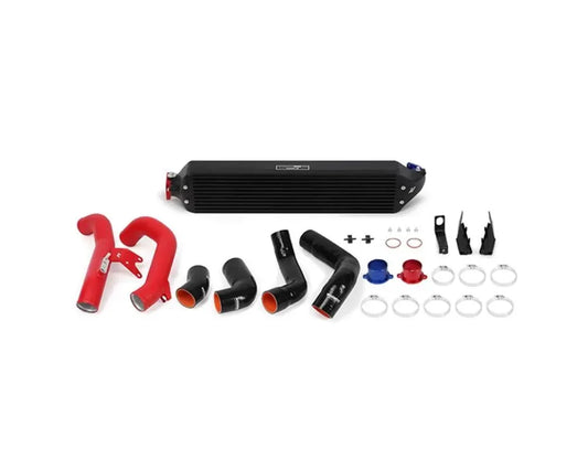 Mishimoto intercooler kit with red aluminum pipes and silicone couplers
