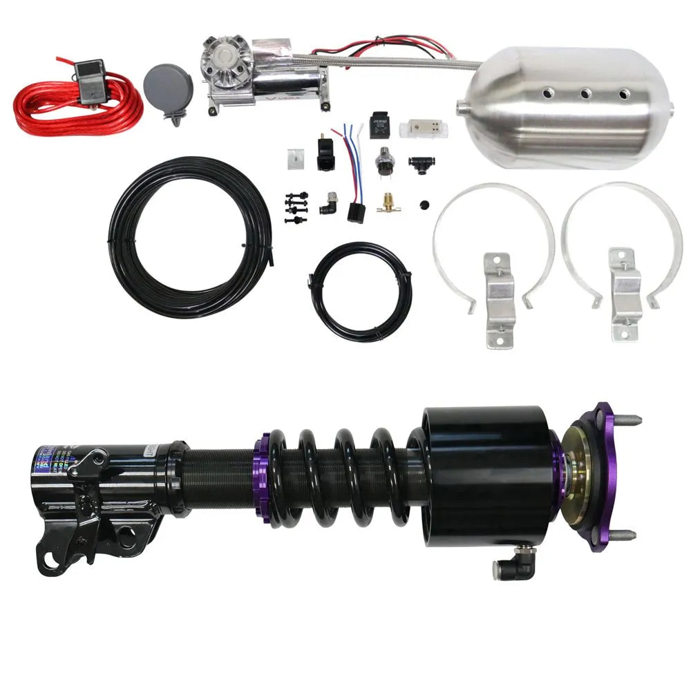 RS coilover suspension system with silver pneumatic control unit and air cups installed on vehicle (1)