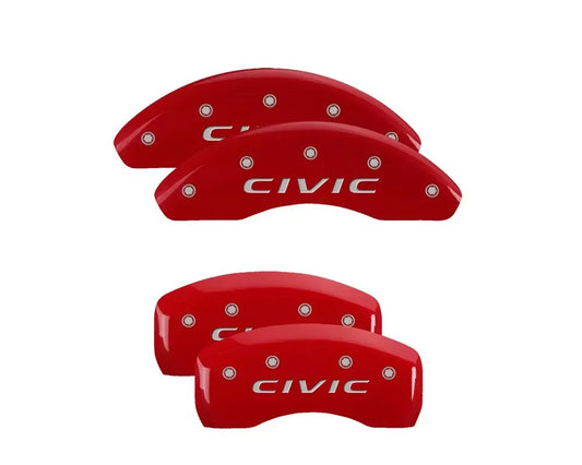 Set of four red aluminum MGP caliper covers with engraved silver text