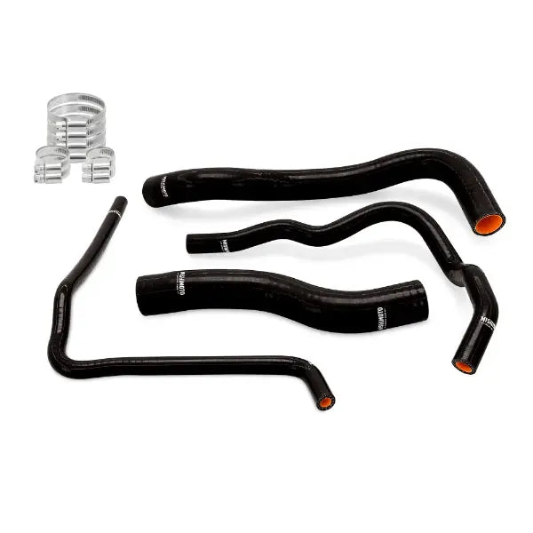 Red silicone radiator hoses with reinforced construction and worm gear clamps installed in engine bay (1)