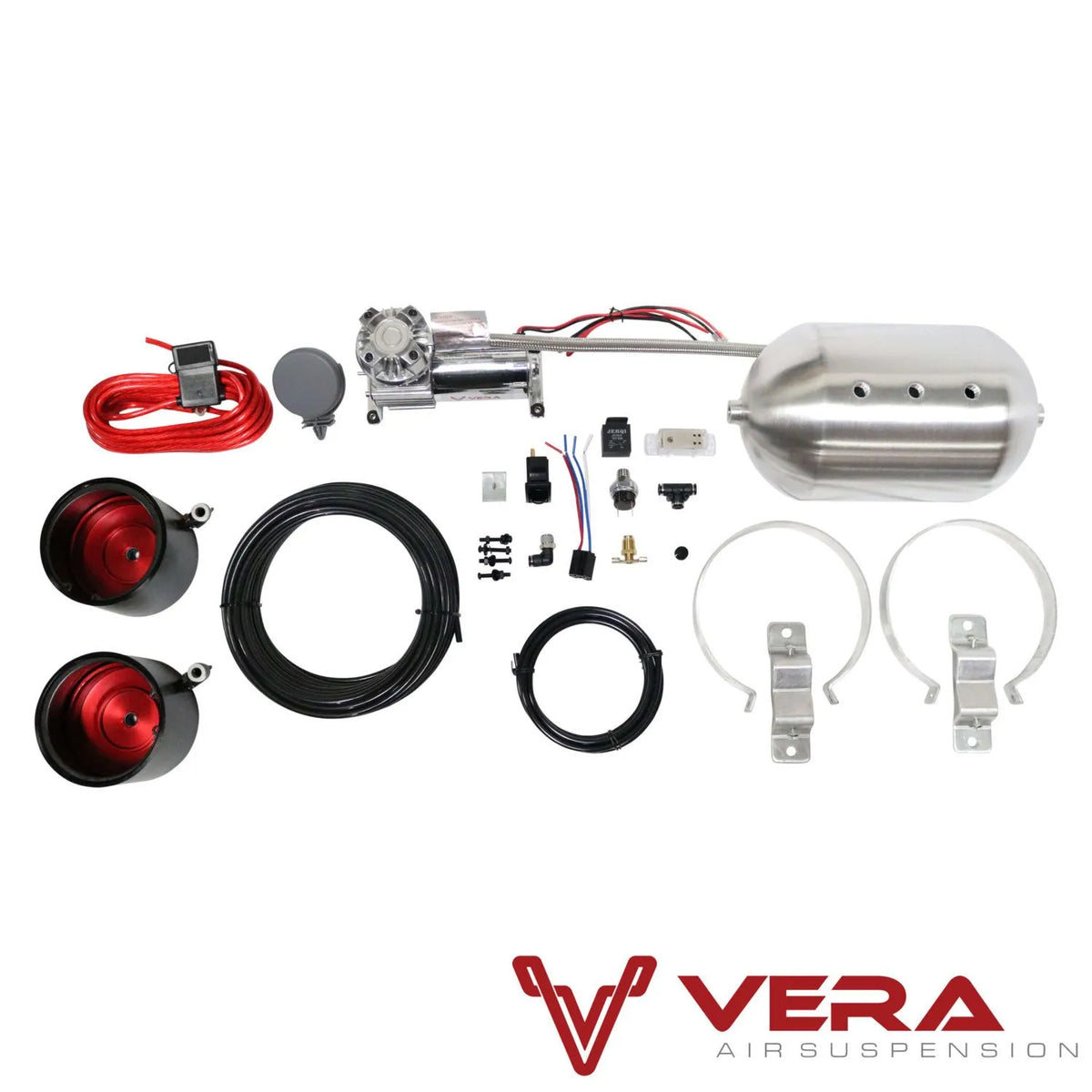RS coilover suspension system with silver pneumatic control unit and air cups installed on vehicle (4)