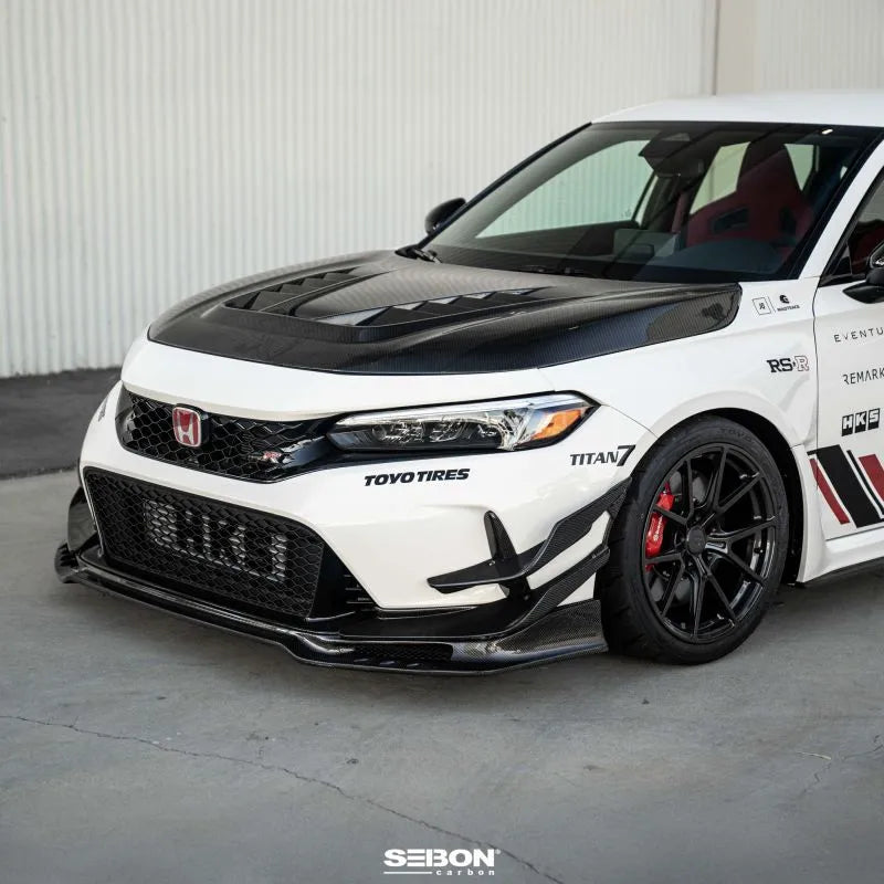 Seibon carbon fiber front bumper canards installed on Honda Civic, showing gloss finish detail (8)