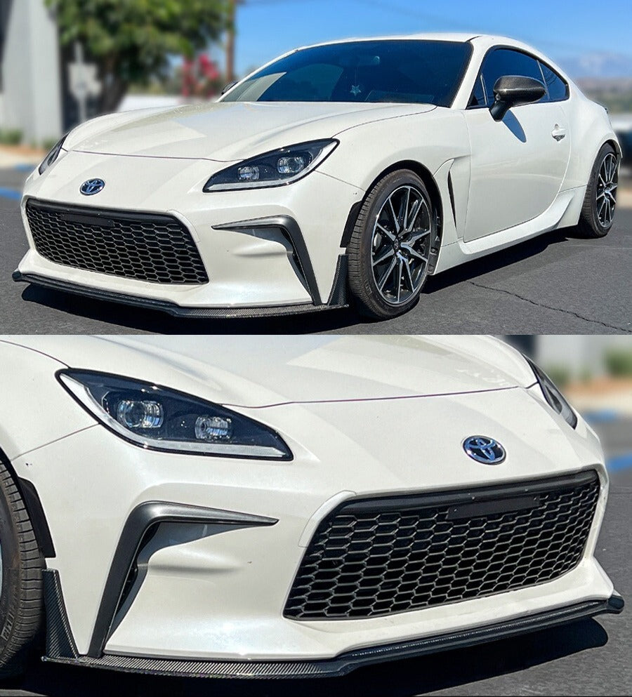 Real carbon fiber front bumper lip splitter with center lip and corner winglets installed on Toyota GR86 (1)