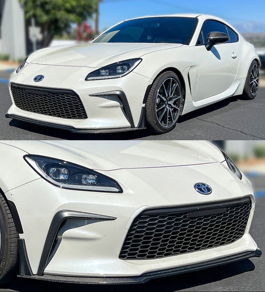 Real carbon fiber front bumper lip splitter with center lip and corner winglets installed on Toyota GR86 (1)