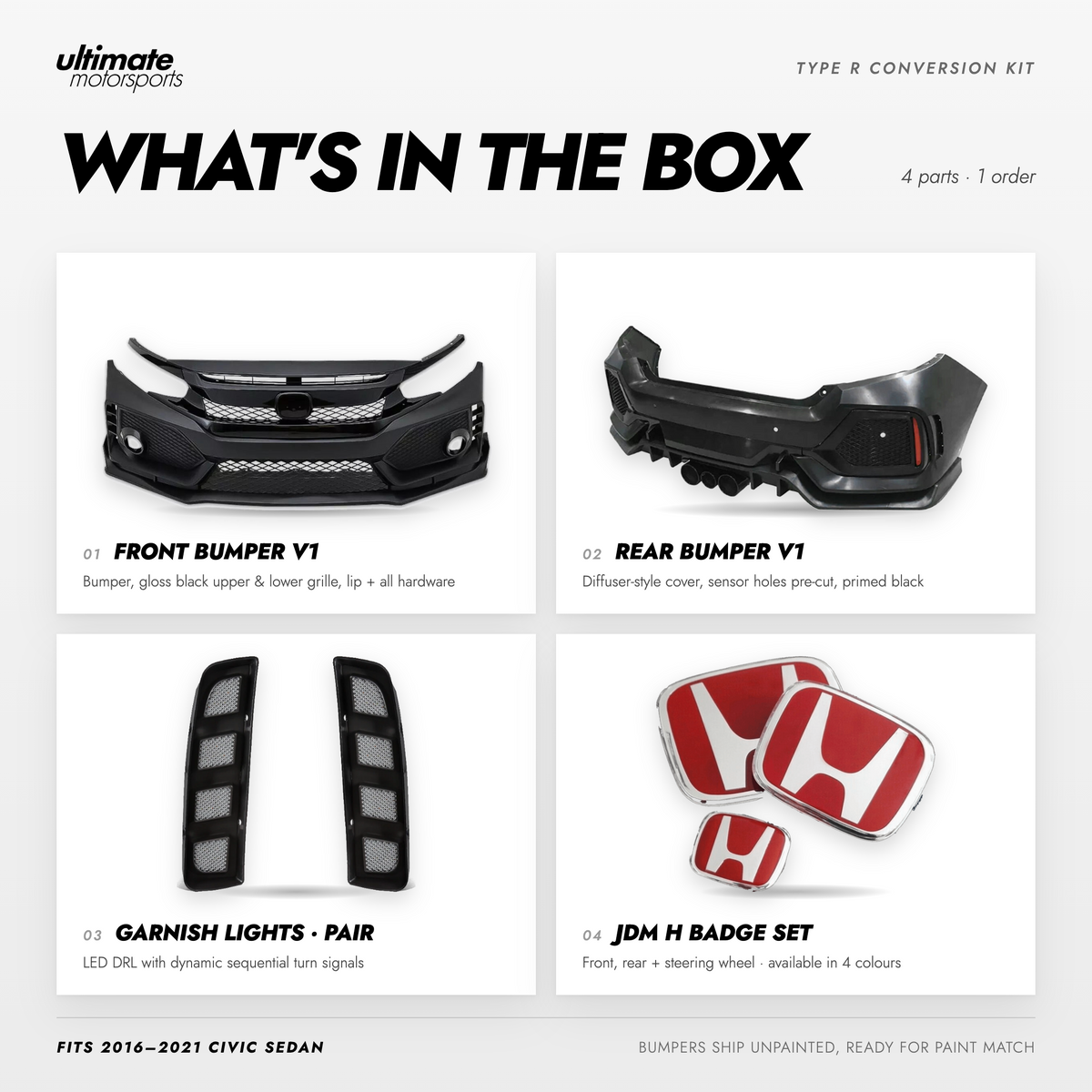 Type R conversion kit components including front bumper, rear bumper, sequential lights and JDM badges for Honda Civic sedan (2)