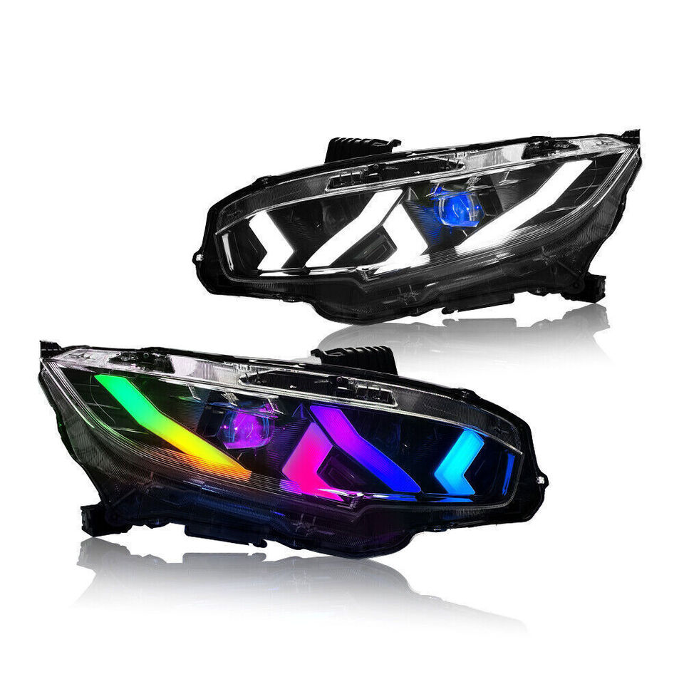 Pair of RGB sequential headlights with LED ring lights and animated lighting features (1)