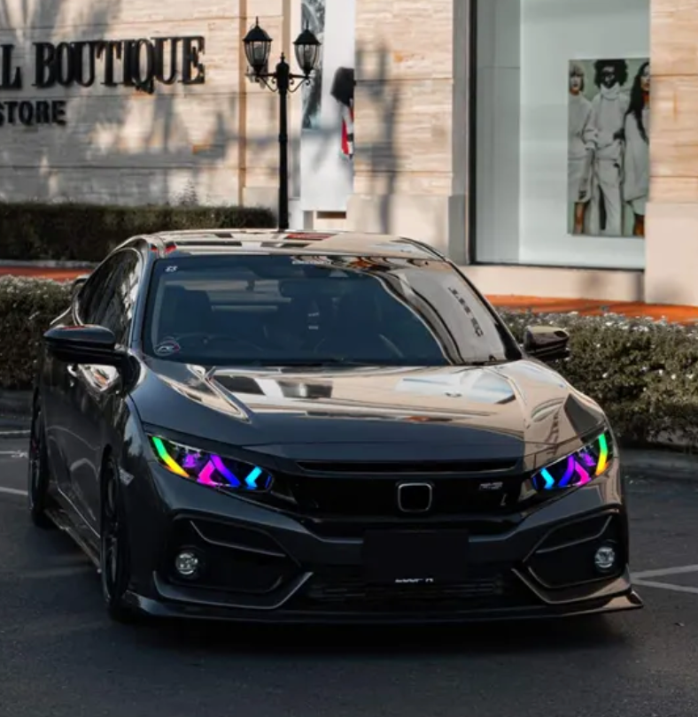 Pair of RGB sequential headlights with LED ring lights and animated lighting features (3)